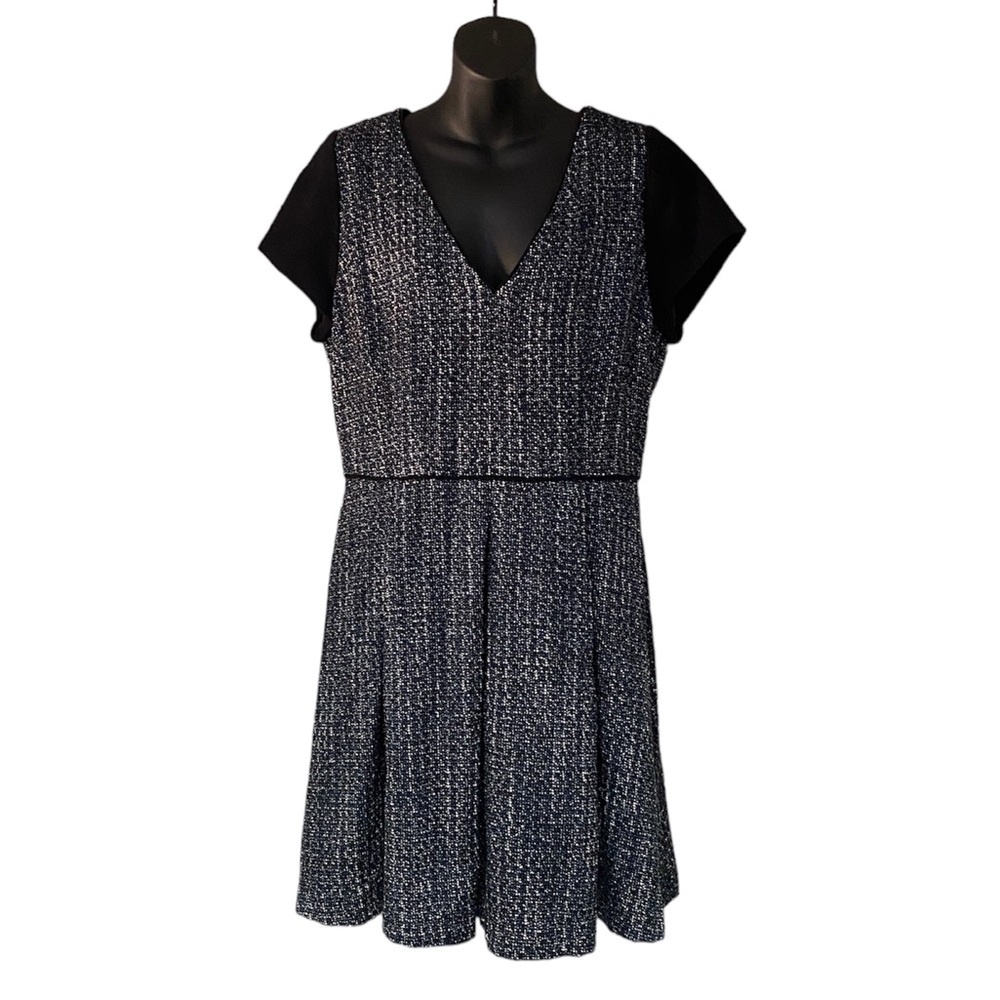Banana Republic Black White Blue Tweed Cap Sleeve Work Dress Size 14